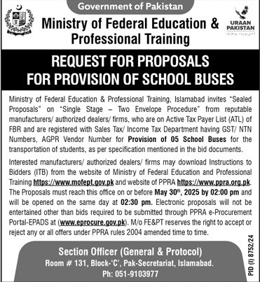 Ministry of Federal Education & Professional Training Islamabad Tender Notice